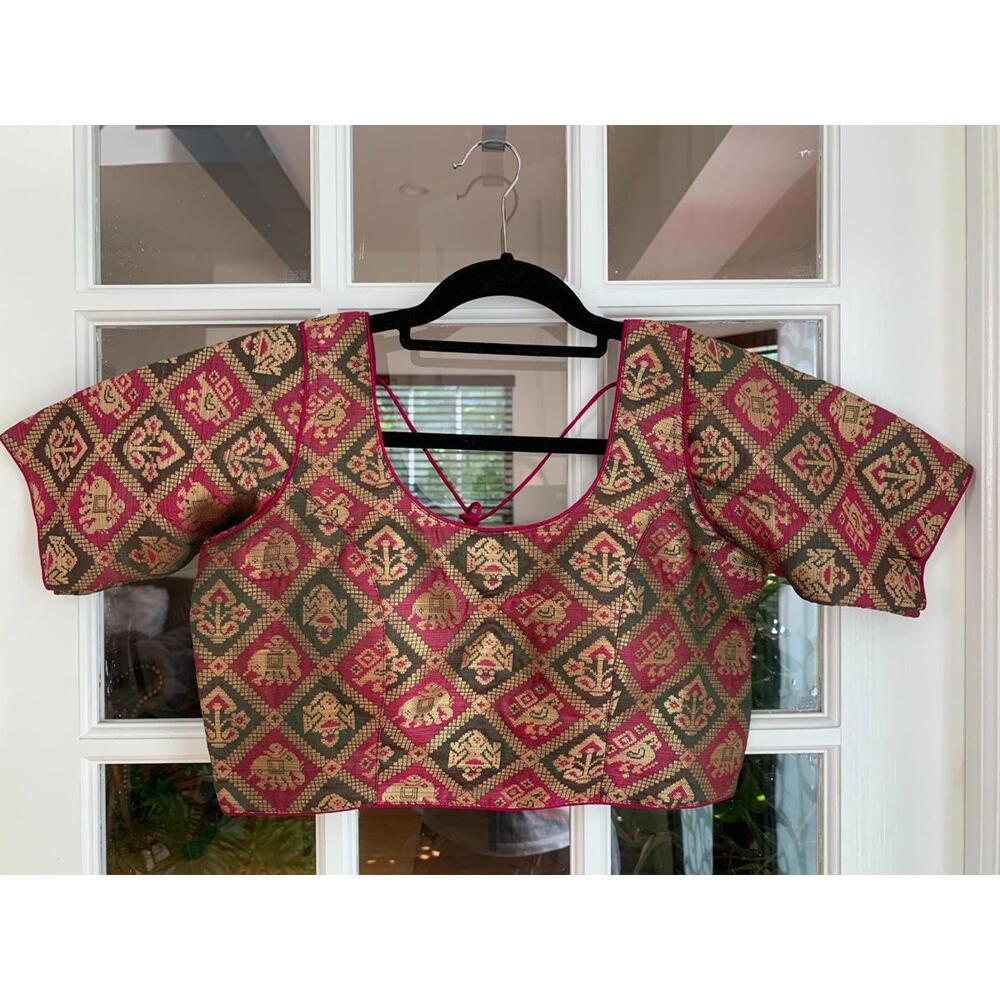 Elbow-Length Dung Green and Pink Readymade Blouse For Saree And Lehenga